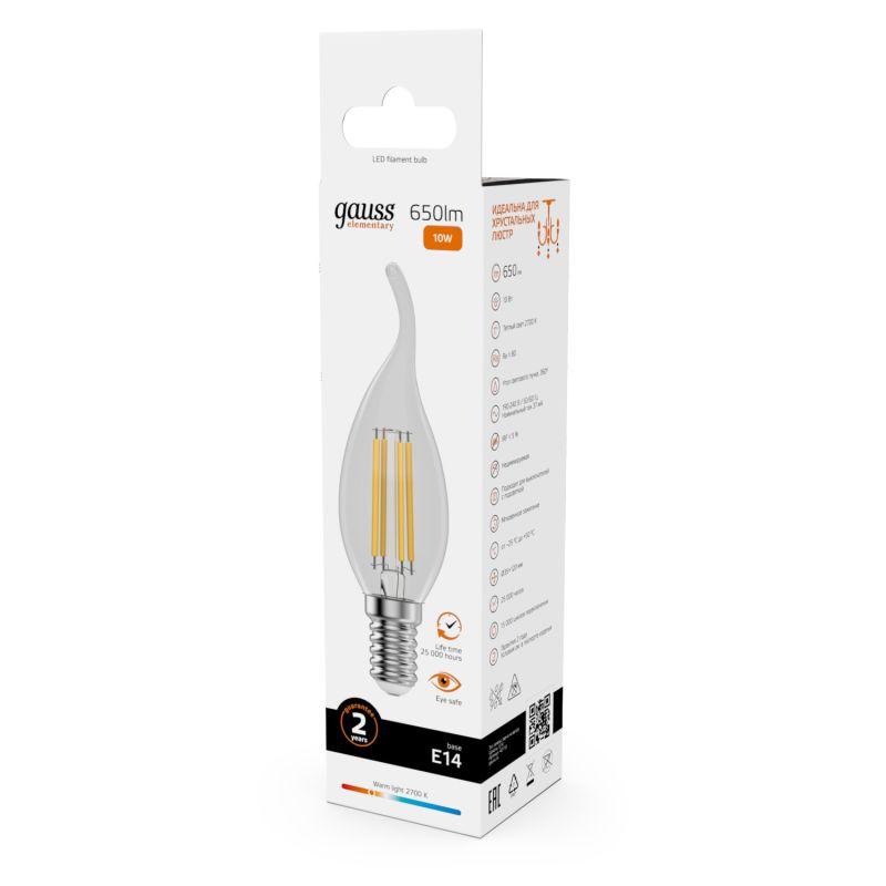Лампа светодиодная филаментная Filament Elementary 10Вт свеча на ветру 2700К Е14 650лм GAUSS 42110 фото в каталоге от BTSprom.by