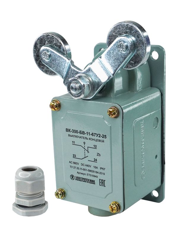 выключатель концевой вк-300-бв-11-67у2-25 v-образный рычаг с роликом на каждом плече с сальником ход вправо и влево без самовозврата ступень 2- 51мм ip67 электротехник et515949 от BTSprom.by