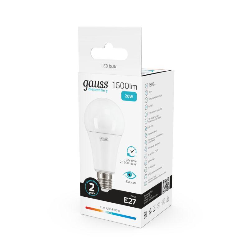 Лампа светодиодная Elementary 20Вт A60 грушевидная 4100К нейтр. бел. E27 1600лм GAUSS 23229 фото в каталоге от BTSprom.by