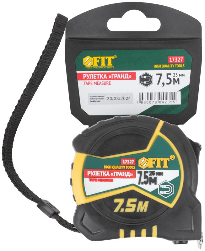  Рулетка Гранд 7.5мх25мм калибр. лента; нейлон. покрытие; магн. крючок; двойной стопор; прорезиненный корпус FIT 17327 фото в каталоге от BTSprom.by