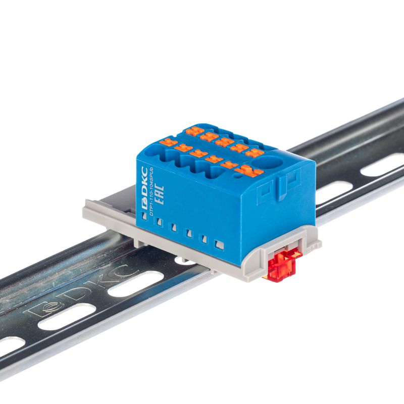 блок распределительный с вертикал. адаптером на рейки шир. 15/35мм зажим push-in 1 ввод 6кв.мм 10 точек подключения 2.5кв.мм син. dkc dtp1-110-104spub-v от BTSprom.by