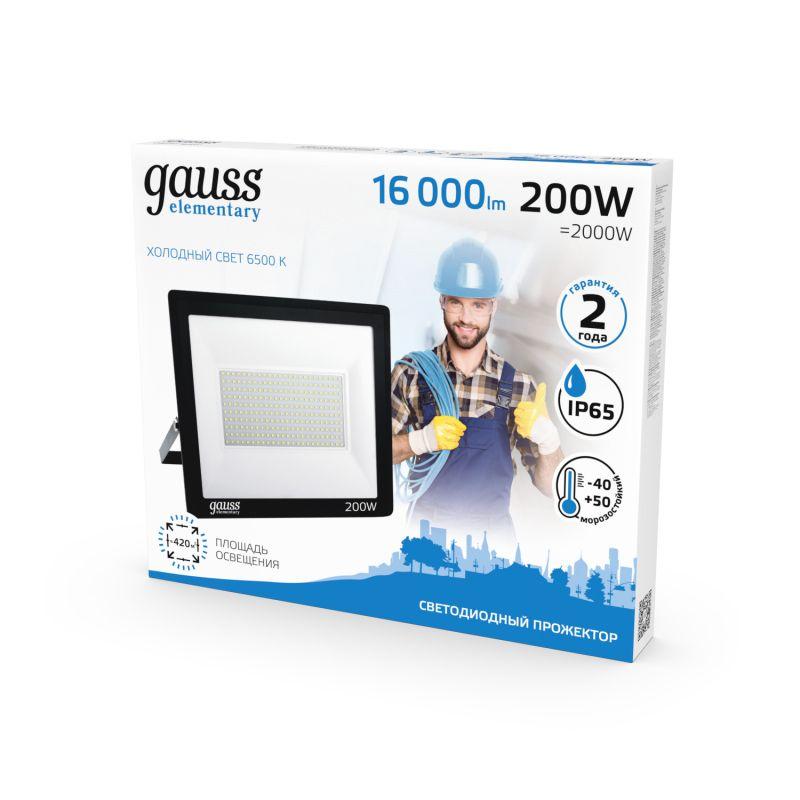  Прожектор светодиодный Elementary 200Вт 6500К IP65 16800лм 200-240В ДО черн. GAUSS 691511200 фото в каталоге от BTSprom.by