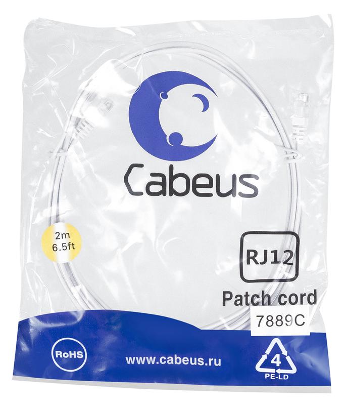 патч-корд телефонный pc-tel-rj12-2m 2х6р4с pvc 2м бел. cabeus 7889c от BTSprom.by