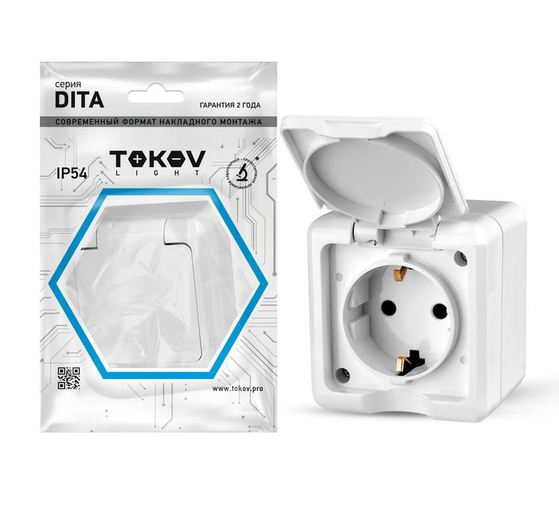 розетка 1-м оп dita 16а ip54 250в с заземл. с крышкой бел. tokov electric tkl-dt-r1z-c01-ip54 от BTSprom.by
