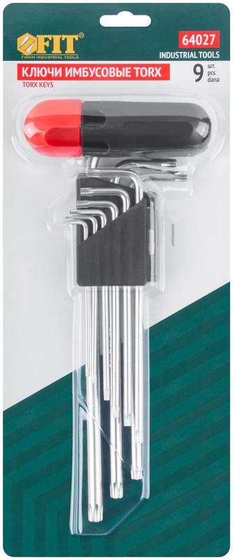  Набор ключей "звездочки" 9шт CrV Т10-Т50 с отверстием длинные с пласт.Т-обр.ручкой Профи FIT 64027 фото в каталоге от BTSprom.by