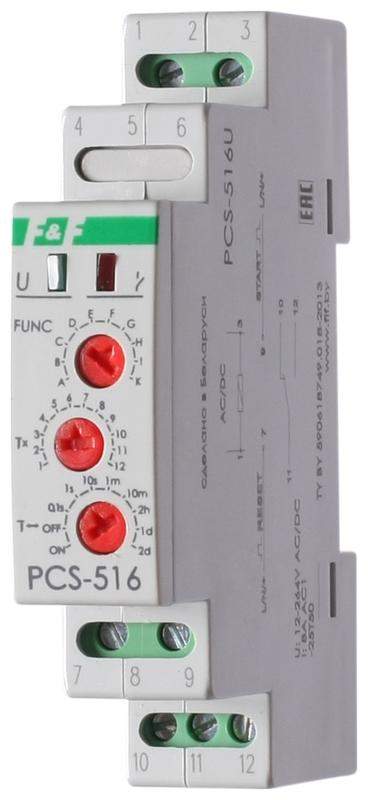 реле времени pcs-516u 8а 12-264в ac/dc 1 перекл. ip20 многофункц. вход: start/reset монтаж на din-рейке f&f ea02.001.014 от BTSprom.by