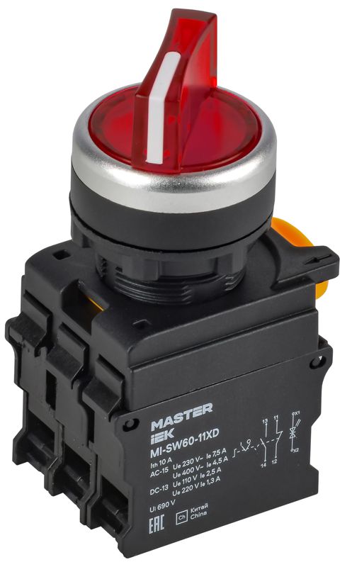 переключатель 2 полож. 1но+1нз с подсветкой красн. master iek mi-sw60-11xd-3-14-2-k04 от BTSprom.by