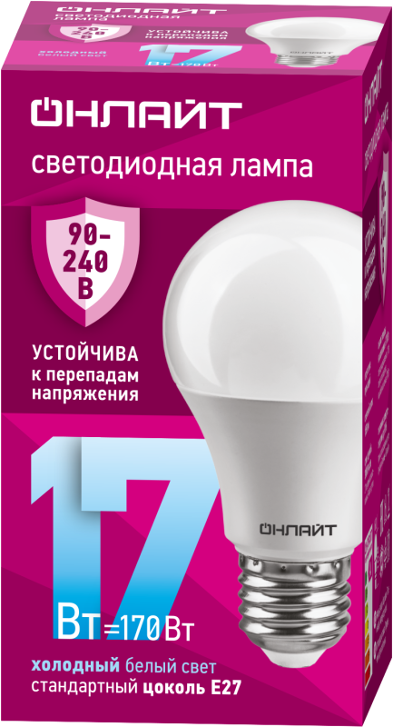 лампа светодиодная 90 404 oll-a60-17-230-6.5k-e27 (pro 90-240в) онлайт 90404 от BTSprom.by
