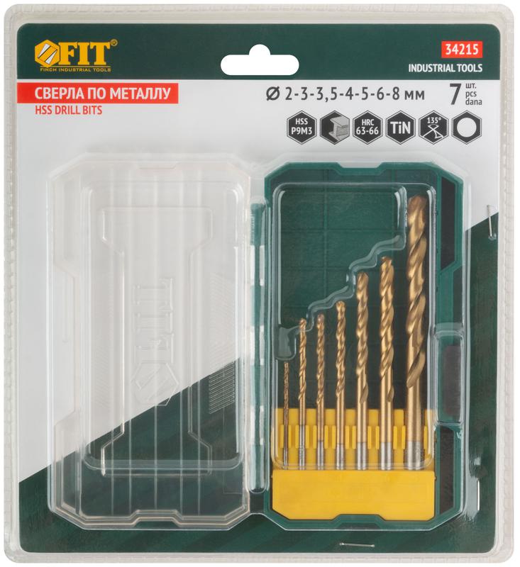  Набор сверл HSS по металлу 2; 3; 3.5; 4; 5; 6; 8мм покрытие титан. (уп.7шт) FIT 34215 фото в каталоге от BTSprom.by