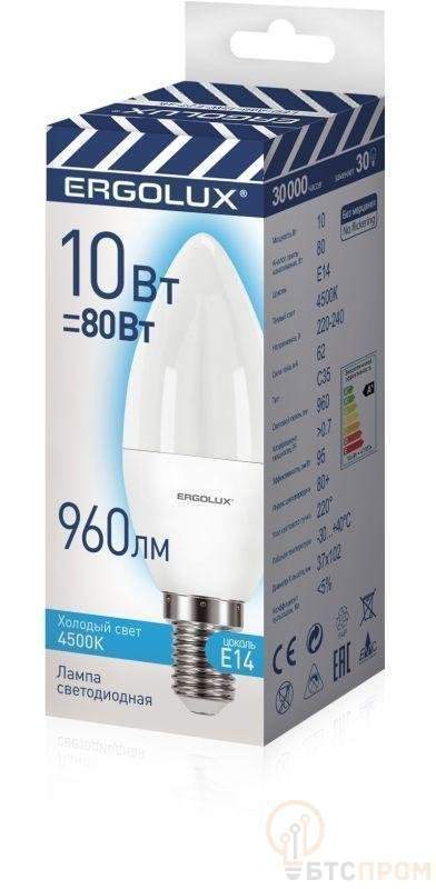 лампа светодиодная led-c35-10w-e14-4k 10вт свеча 4500к бел. e14 180-240в промо ergolux 14545 от BTSprom.by