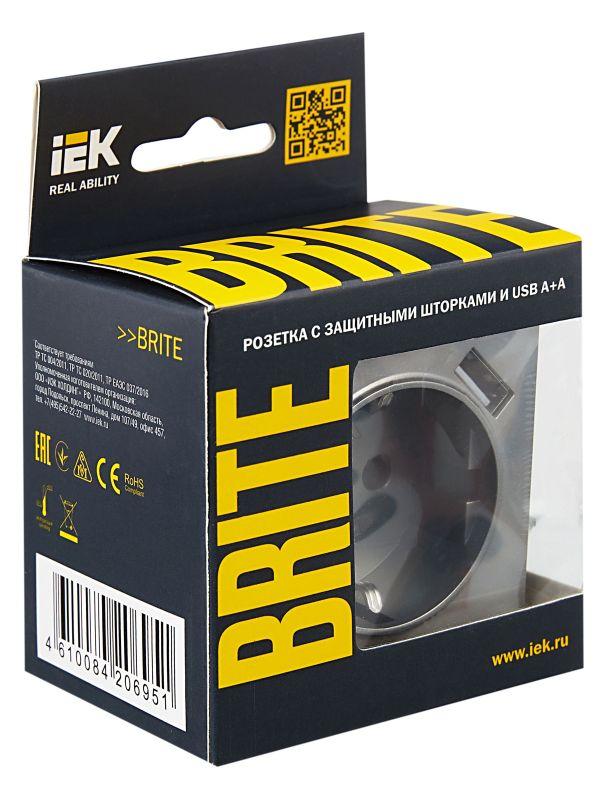  Розетка BRITE РЮш10-1-БрС 16А с USB A+A 2.1А с заземл. защ. шторки механизм сталь IEK BR-R14-16-U21-D21-K46 фото в каталоге от BTSprom.by