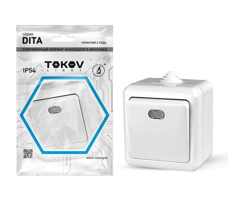 выключатель 1-кл. оп dita ip54 10а 250в с индикацией бел. tokov electric tkl-dt-v1i-c01-ip54 от BTSprom.by