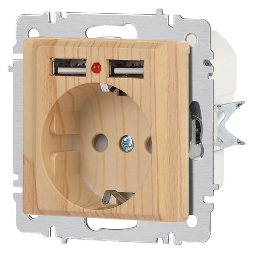 Розетка 1-м СП Accent 6-410-11 16А IP20 250В P+E Schuko + 2хUSB защ. шторки сосна Intro Б0063720 фото в каталоге от BTSprom.by
