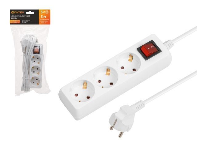 удлинитель 3м (3 роз., 2,2квт, с/з, выкл, пвс 3х0,75) юпитер (юпитер) jp8104-20 от BTSprom.by