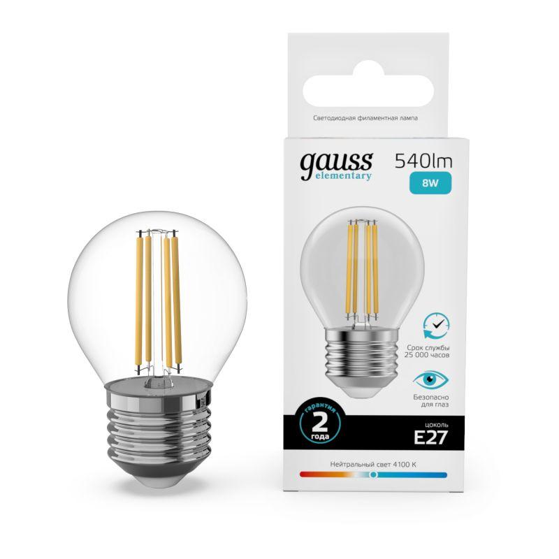 лампа светодиодная филаментная filament elementary 8вт шар 4100к е27 540лм gauss 52228 от BTSprom.by