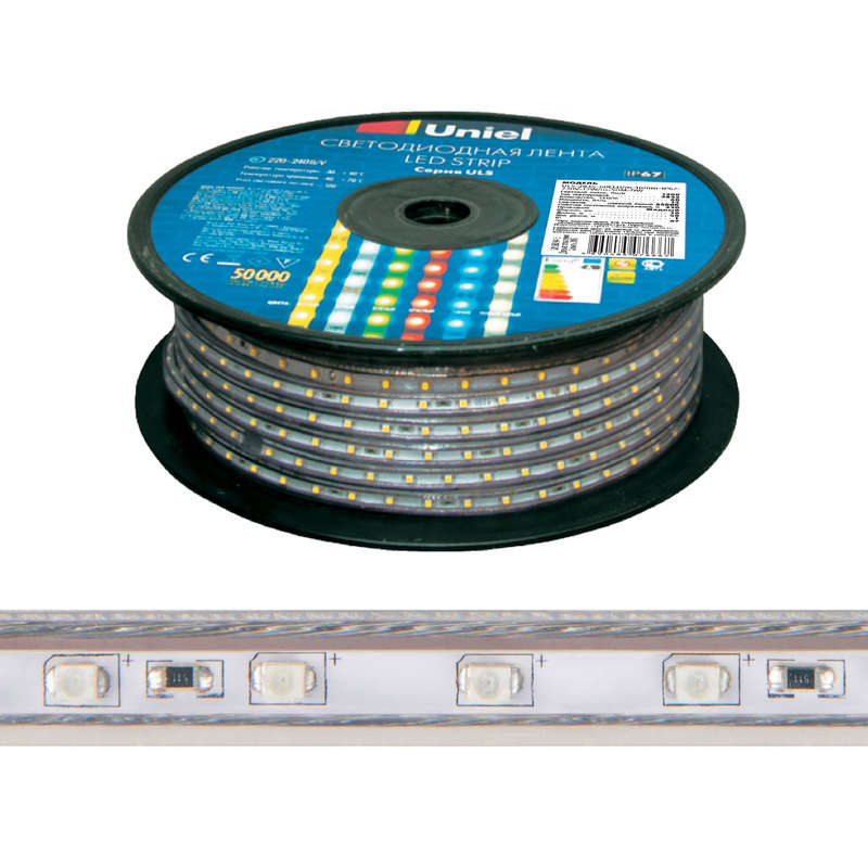 лента светодиодная uls-2835-60led/m-10mm-ip67-220v-8w/m-50m-blue 60led/м син. 8вт/м ip67 220в 10мм гибкая герметичная (уп.50м) uniel ul-00000859 от BTSprom.by