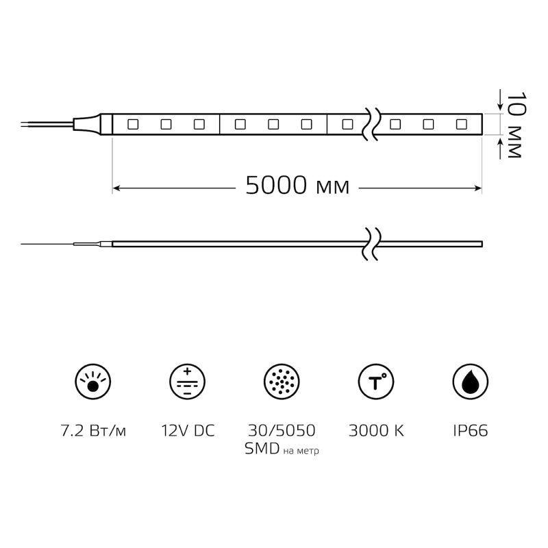  Лента светодиодная Elementary 5050/30-SMD 7.2Вт/м 3000К тепл. бел. IP66 220лм/м 12В 10мм (уп.5м) GAUSS 356000107 фото в каталоге от BTSprom.by