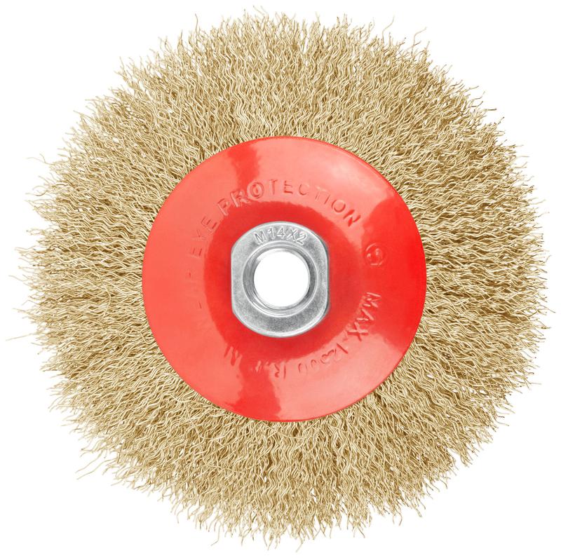  Корщетка-колесо с наклоном гайка М14 стальная латунированная волнистая проволока 115мм FIT 39051 фото в каталоге от BTSprom.by
