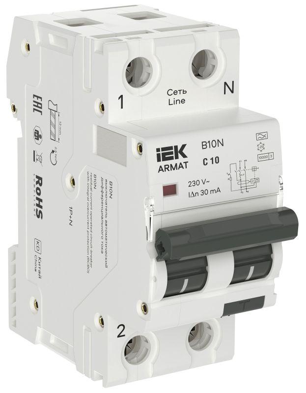 выключатель автоматический дифференциального тока 2п (1p+np) c 10 30ма тип a авдт b10n 36мм armat iek ar-b10n-1n-c010a030 от BTSprom.by