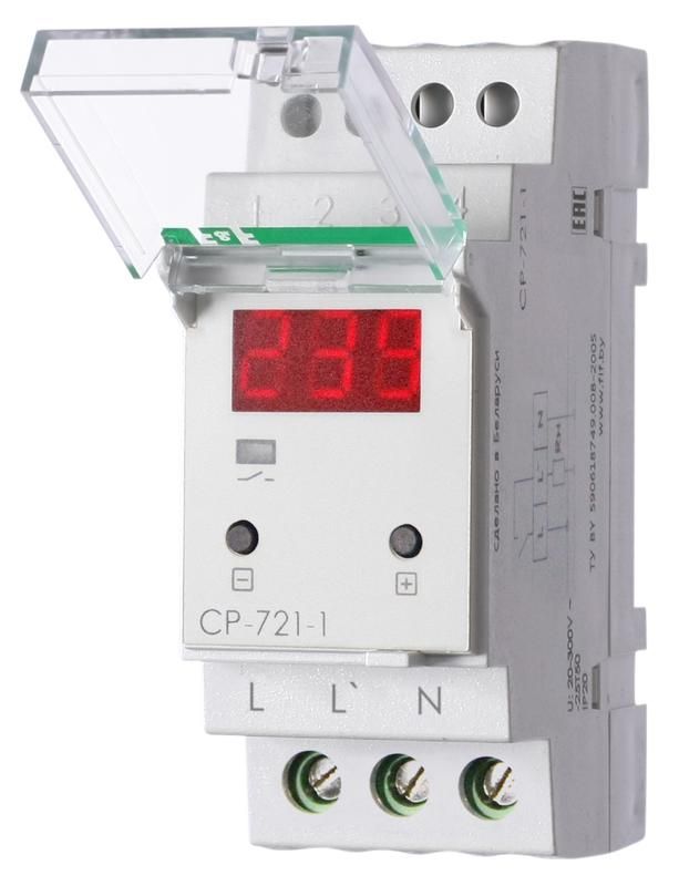 реле напряжения cp-721-1 (cp-721-63a) (однофазное; цифровая индикация; напряжение питания 50-450в контакт 1no 63а встроен. таймер регистрация аварий в памяти индикация текущего напряжения) (аналог узм) f&f ea04.009.013 от BTSprom.by