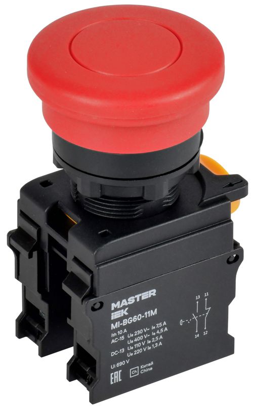 кнопка "грибок" d22мм 1но+1нз master без фиксации красн. iek mi-bg60-11m-3-21-k04 от BTSprom.by