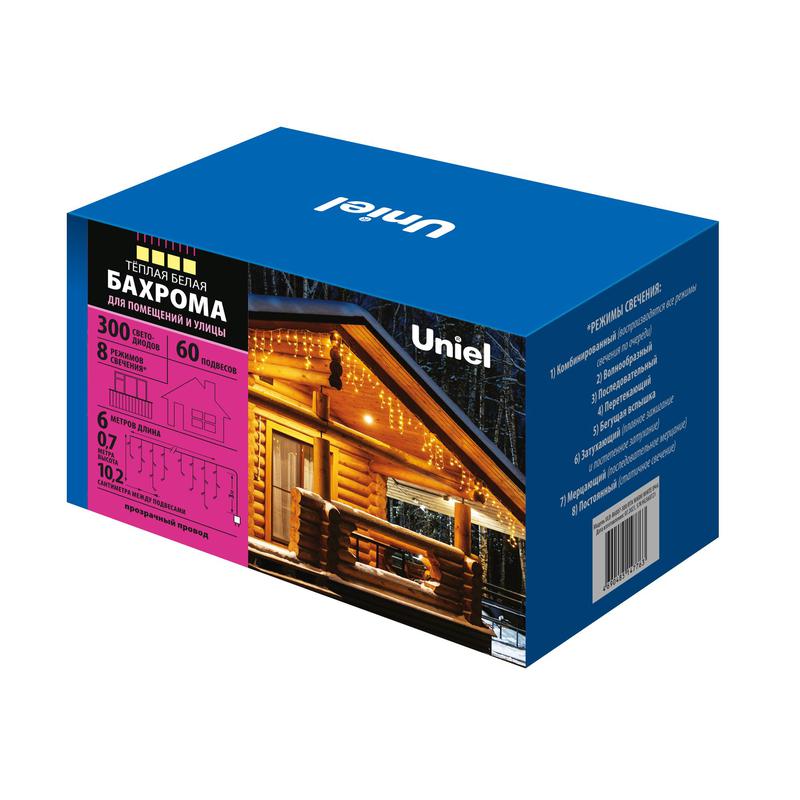 гирлянда светодиодная "бахрома" uld-b6007-300/dta warm white ip44 6м 300led тепл. бел. провод прозр. uniel ul-00008554 от BTSprom.by