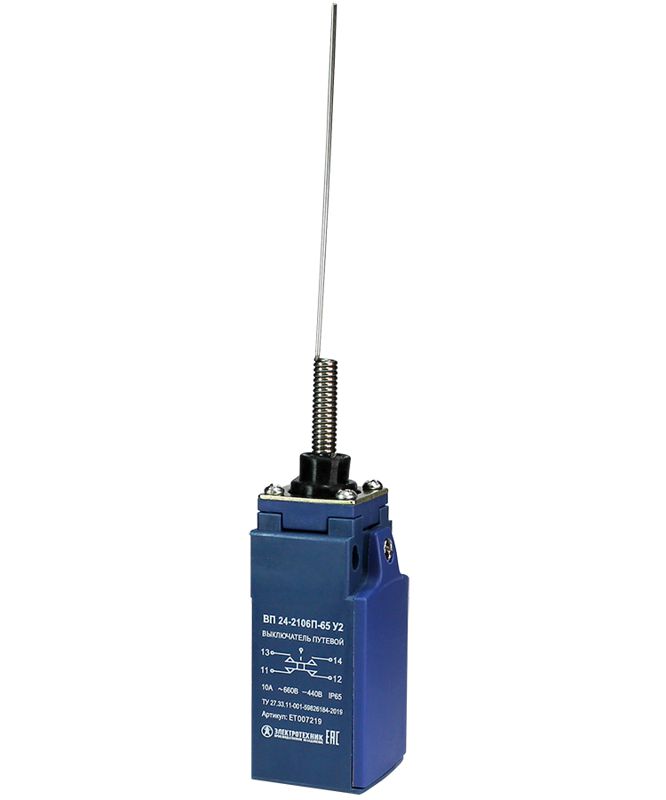 выключатель путевой вп 24-2106п-65 у2 1но+1нз 3а ip65 рычаг пружинный "кошачий ус" безинерционный 20мм без сальника электротехник et007219 от BTSprom.by