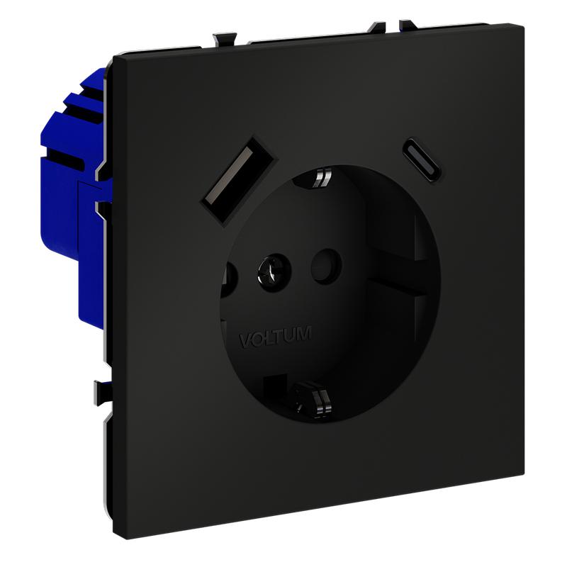  Розетка 1-м СП S70 16А с USB A+С с заземл. защ. шторки механизм черн. матов. Voltum VLS040508 фото в каталоге от BTSprom.by