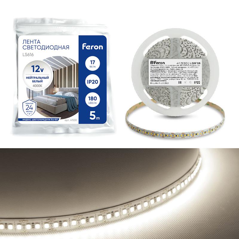 лента светодиодная 180smd(2835)/м 17вт/м 12в 4000к ls616 (уп.5м) feron 41530 от BTSprom.by