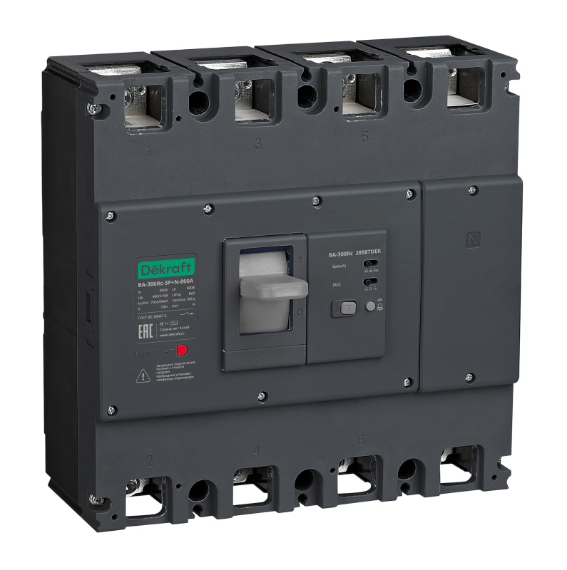 выключатель автоматический силовой 3п 800а 70ка ва-306rc sel 300/500/1000ма 0.4/0.5/1с dekraft 28579dek от BTSprom.by