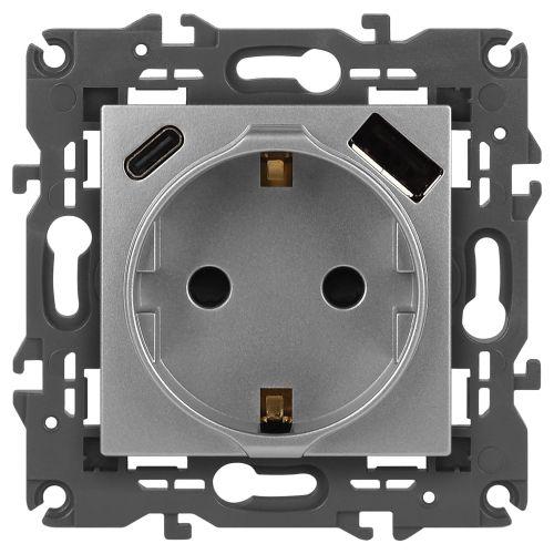 розетка 1-м сп elegance 14-4108-03 16а 250в 2p+e с usb type-a+c 5в-3а защ. шторки алюм. эра б0067741 от BTSprom.by
