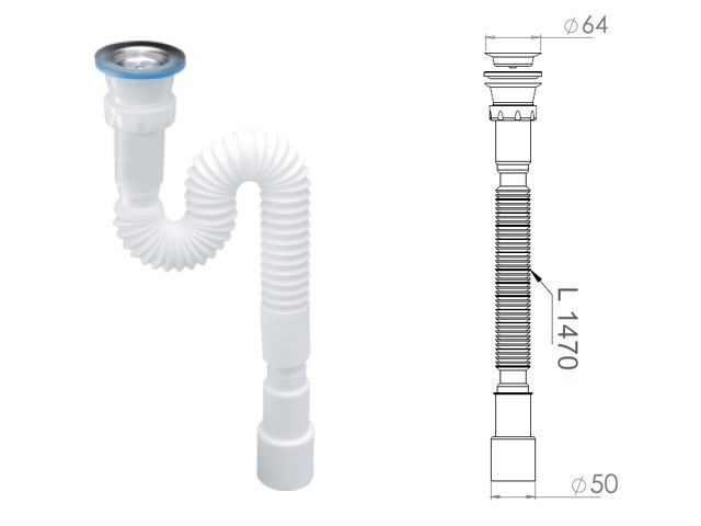сифон 1 1/2"х40/50 гофрированный (удлинённый), выпуск 64мм, av engineering ave129782 от BTSprom.by