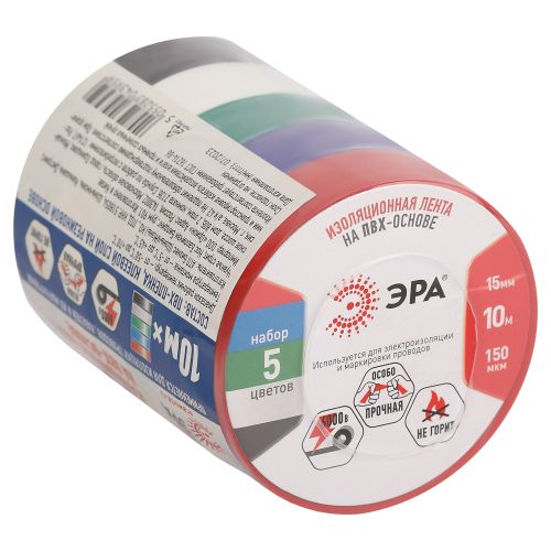  Изолента ПВХ 15ммх10м 5цветов (уп.5шт) ЭРА C0038781 фото в каталоге от BTSprom.by