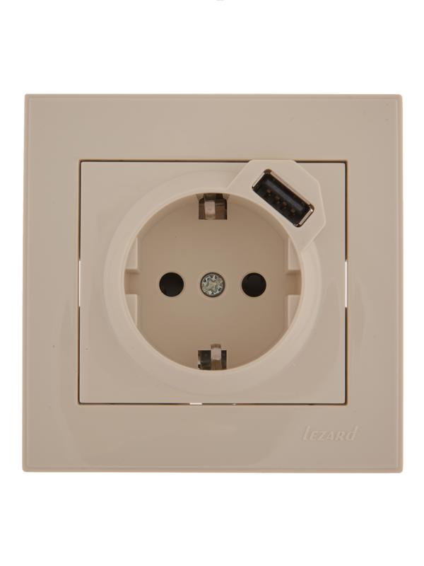 розетка 1-м сп rain 16а с заземл. + usb разъем крем. lezard 703-0303-181 от BTSprom.by