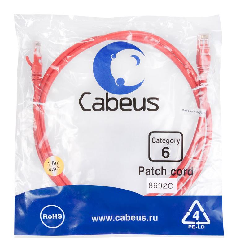 патч-корд u/utp кат.6 pc-utp-rj45-cat.6-1.5m-rd 2xrj45/8p8c неэкранир. pvc 1.5м красн. cabeus 8692c от BTSprom.by