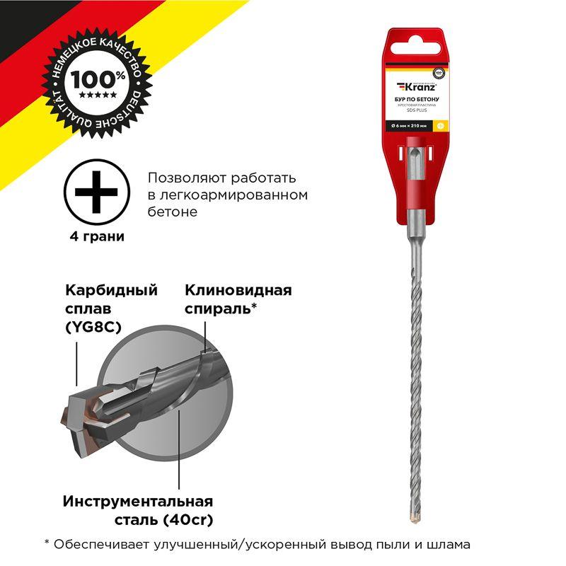 бур по бетону 6х210мм крестовая пластина sds plus kranz kr-91-0803 от BTSprom.by
