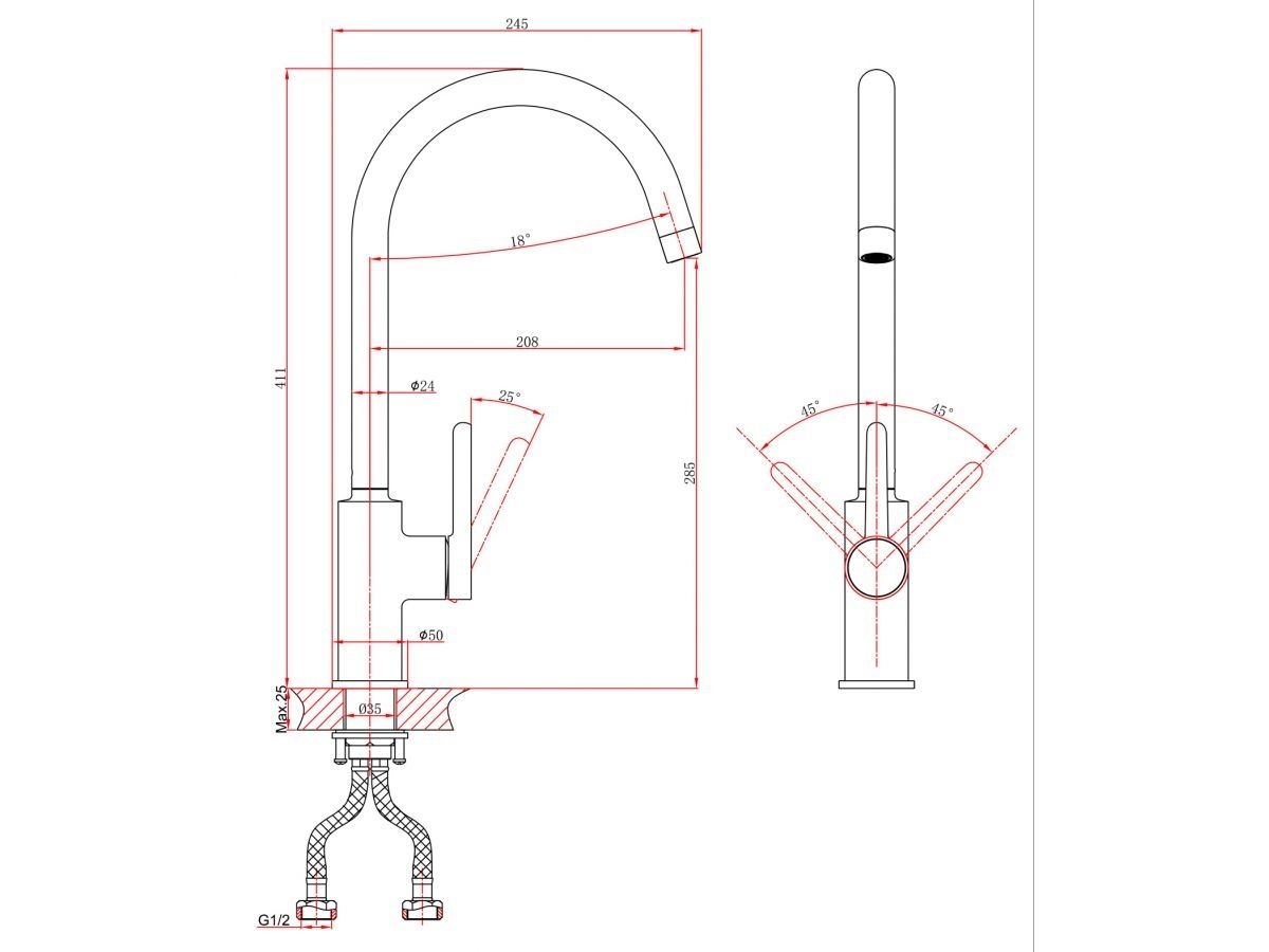  Смеситель для кухни (Lt) D35, серия Lotus черный, a-five (J-излив: длина 208 мм, высота 285 мм, поворотный) A5-0624 фото в каталоге от BTSprom.by