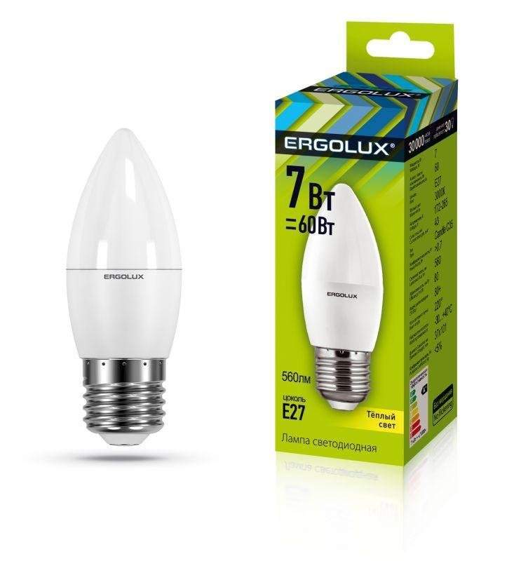 лампа светодиодная led-c35-7w-e27-3k свеча 7вт e27 3000к 172-265в ergolux 13297 от BTSprom.by