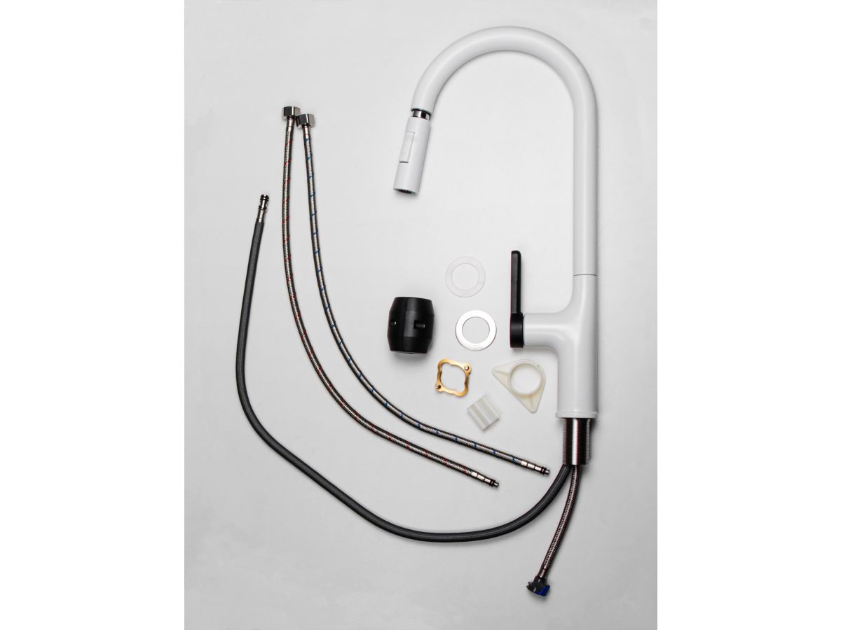  Смеситель для кухни (Lt) D35, серия Rose белый + черный, a-five (J-излив: длина 208 мм, высота 285 мм, вытягивающийся двухрежимный) A5-0925 фото в каталоге от BTSprom.by