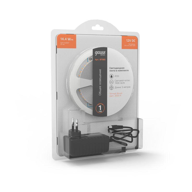  Лента светодиодная Basic 2835/120-SMD 14.4Вт/м 3000К тепл. бел. IP20 1400лм/м 12В 8мм драйвер (уп.5м) GAUSS BT085 фото в каталоге от BTSprom.by