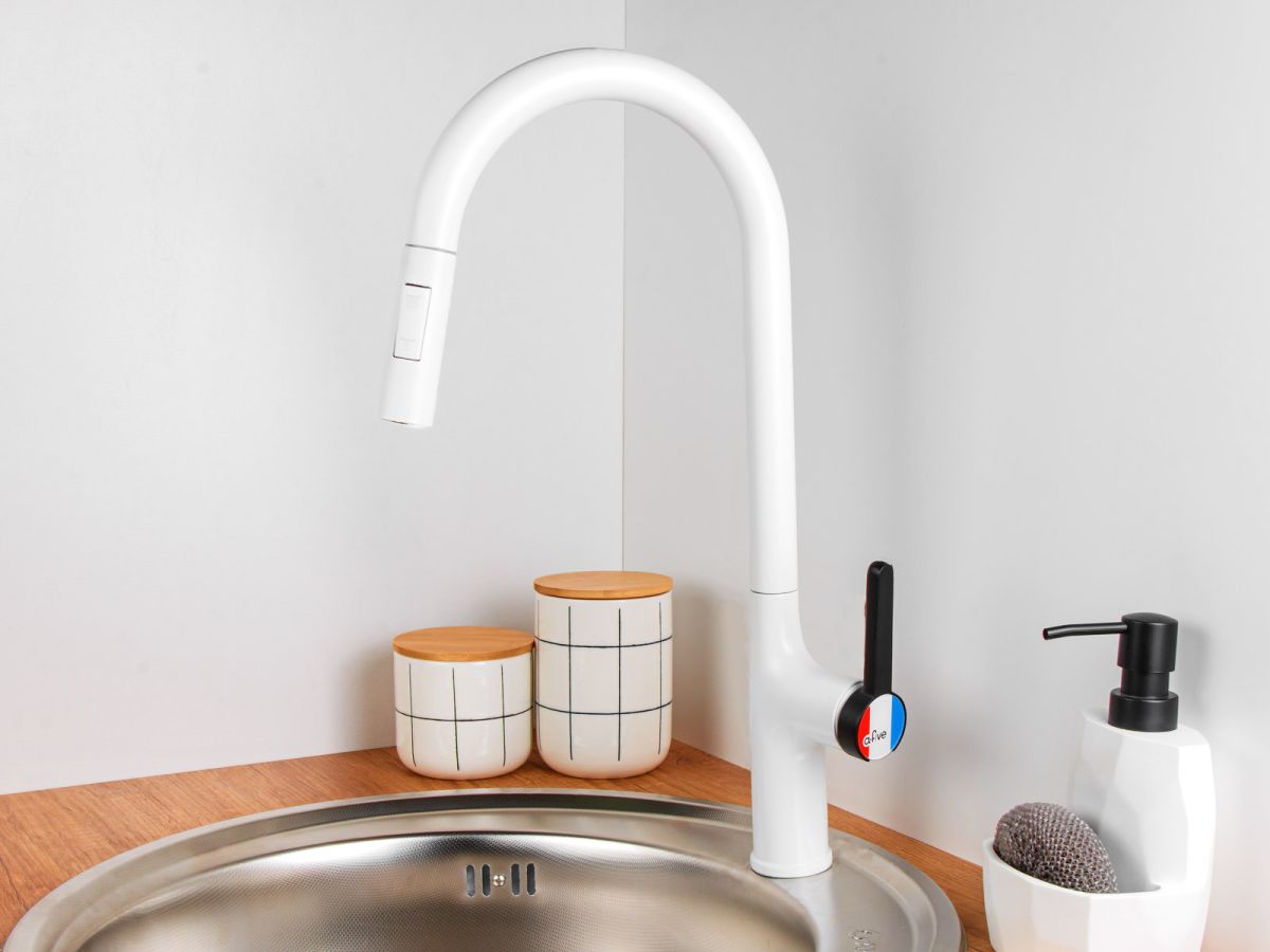  Смеситель для кухни (Lt) D35, серия Rose белый + черный, a-five (J-излив: длина 208 мм, высота 285 мм, вытягивающийся двухрежимный) A5-0925 фото в каталоге от BTSprom.by