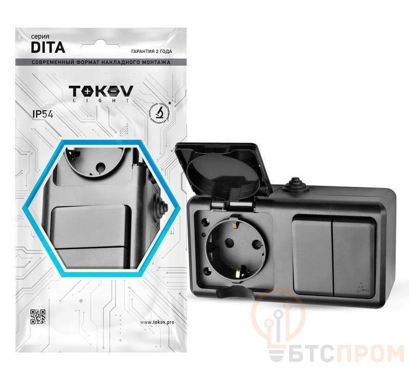  Блок ОП Dita (розетка 16А 250В с заземл. + 2-кл. выкл. 10А) IP54 карбон TOKOV ELECTRIC TKL-DT-V2RZ-C14-IP54 фото в каталоге от BTSprom.by