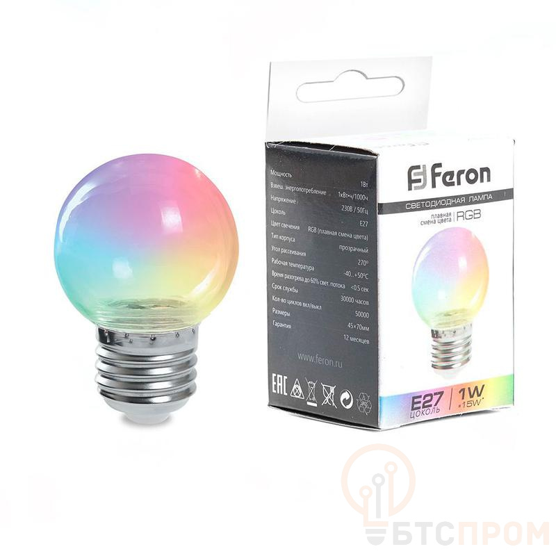 Лампа светодиодная 1Вт 230В E27 RGB G45 LB-37 прозрачн. плавная смена цвета FERON 38132 фото в каталоге от BTSprom.by  Лампа светодиодная 1Вт 230В E27 RGB G45 LB-37 прозрачн. плавная смена цвета FERON 38132 фото в каталоге от BTSprom.by