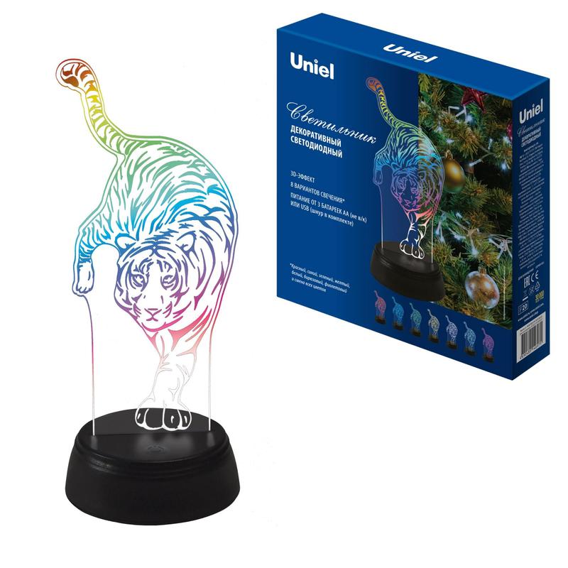 светильник декоративный uli-m506 rgb/3aa tiger/black с эффектом 3d "тигр" 3aa (не в/к) 1 светодиод rgb свет uniel ul-00008401 от BTSprom.by