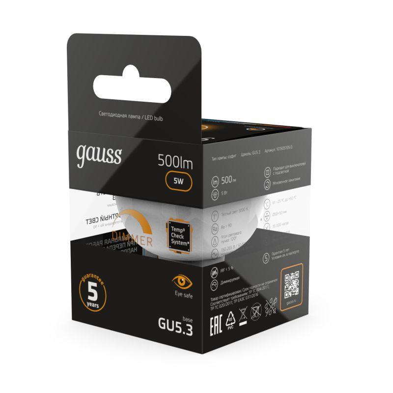 Лампа светодиодная Black 5Вт MR16 софит 3000К тепл. бел. GU5.3 500лм диммир. GAUSS 101505105-D фото в каталоге от BTSprom.by