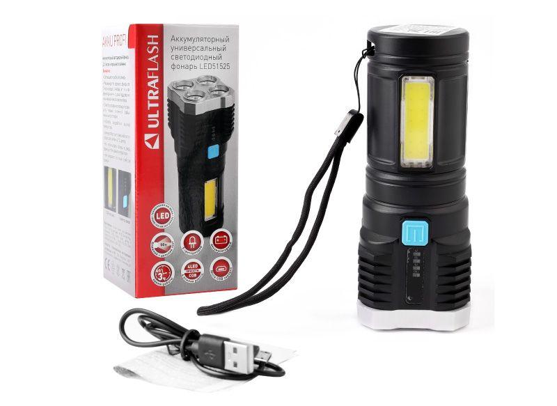 фонарь аккумуляторный led51525 4в 4led+cob 3вт 4 реж. micro usb черн. (бокс) ultraflash 15195 от BTSprom.by