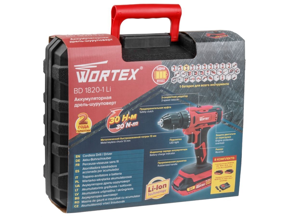  Аккум. дрель-шуруповерт WORTEX BD 1820-1 Li в чем. ALL1 XLT 18 В, 30 Н*м, 2х2 А*ч, БЗП(мет.) 13 мм (шурупы до 8 мм) 0329209 фото в каталоге от BTSprom.by