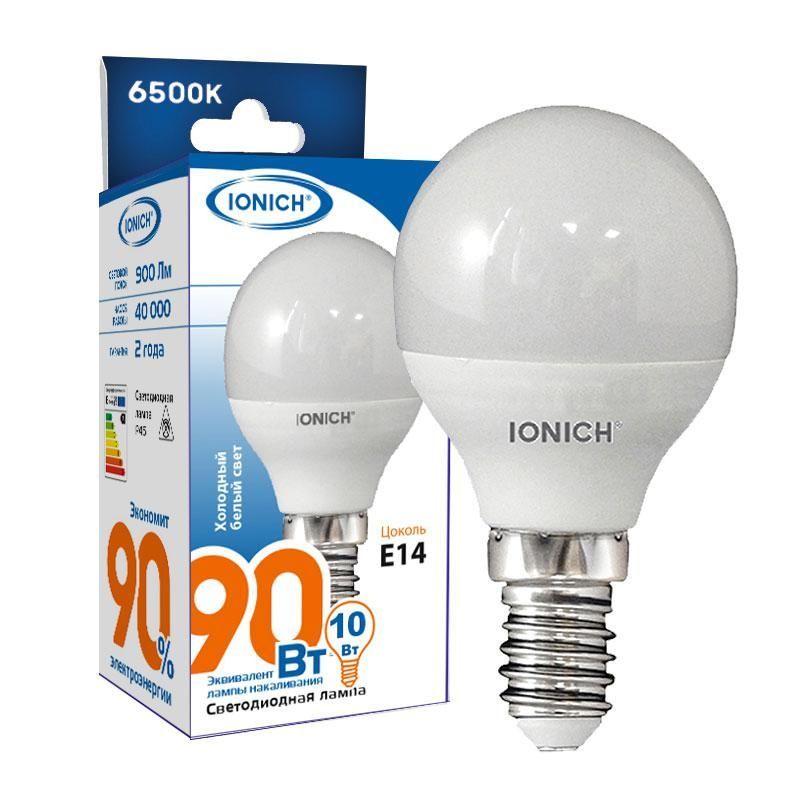 лампа светодиодная p45 10вт "шар" 6500к е14 230в холод. бел. ionich 1805 от BTSprom.by