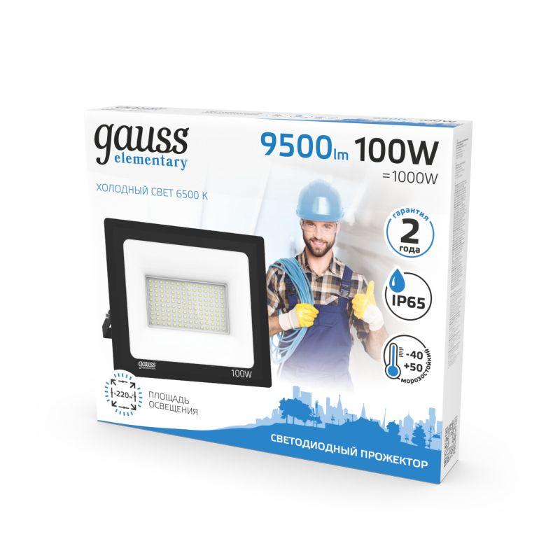  Прожектор светодиодный Elementary 100Вт 6500К IP65 9500лм 170-264В ДО черн. GAUSS 613100100 фото в каталоге от BTSprom.by