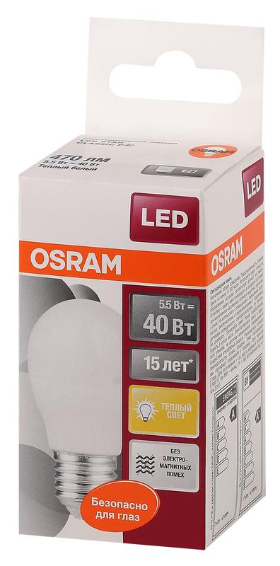 лампа светодиодная led star classic p 40 5.5w/827 5.5вт шар матовая 2700к тепл. бел. e27 470лм 220-240в пластик. osram 4052899971646 от BTSprom.by